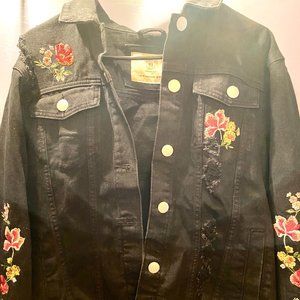 Cotton On jacket, US size 6, black with pink and green floral designs.